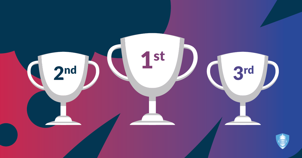 Trophies that say 1st, 2nd, and 3rd on top of thought bubble, with gradient background